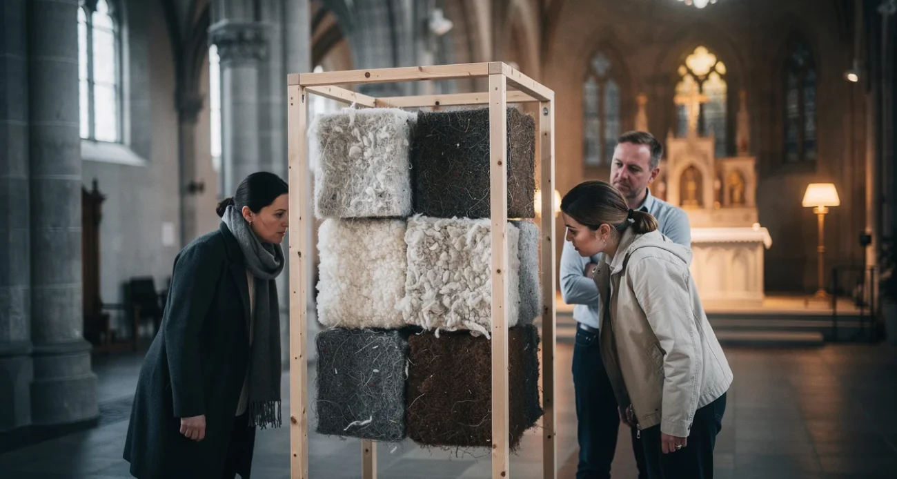 Editorial photograph illustrating waste-wool cladding research during the Oslo Architecture Triennale: an independent timber display frame.