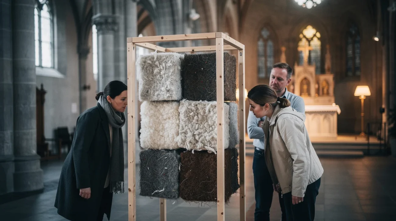 Editorial photograph illustrating waste-wool cladding research during the Oslo Architecture Triennale: an independent timber display frame.