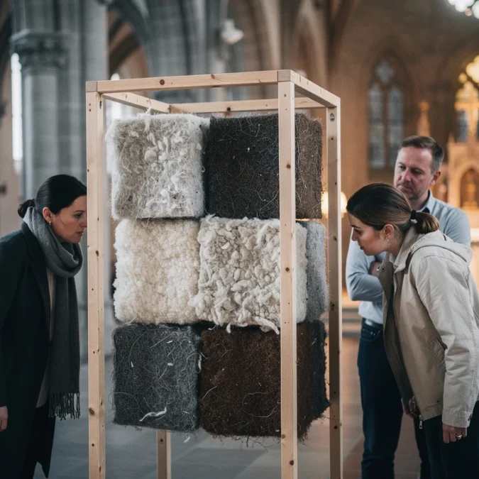 Editorial photograph illustrating waste-wool cladding research during the Oslo Architecture Triennale: an independent timber display frame.