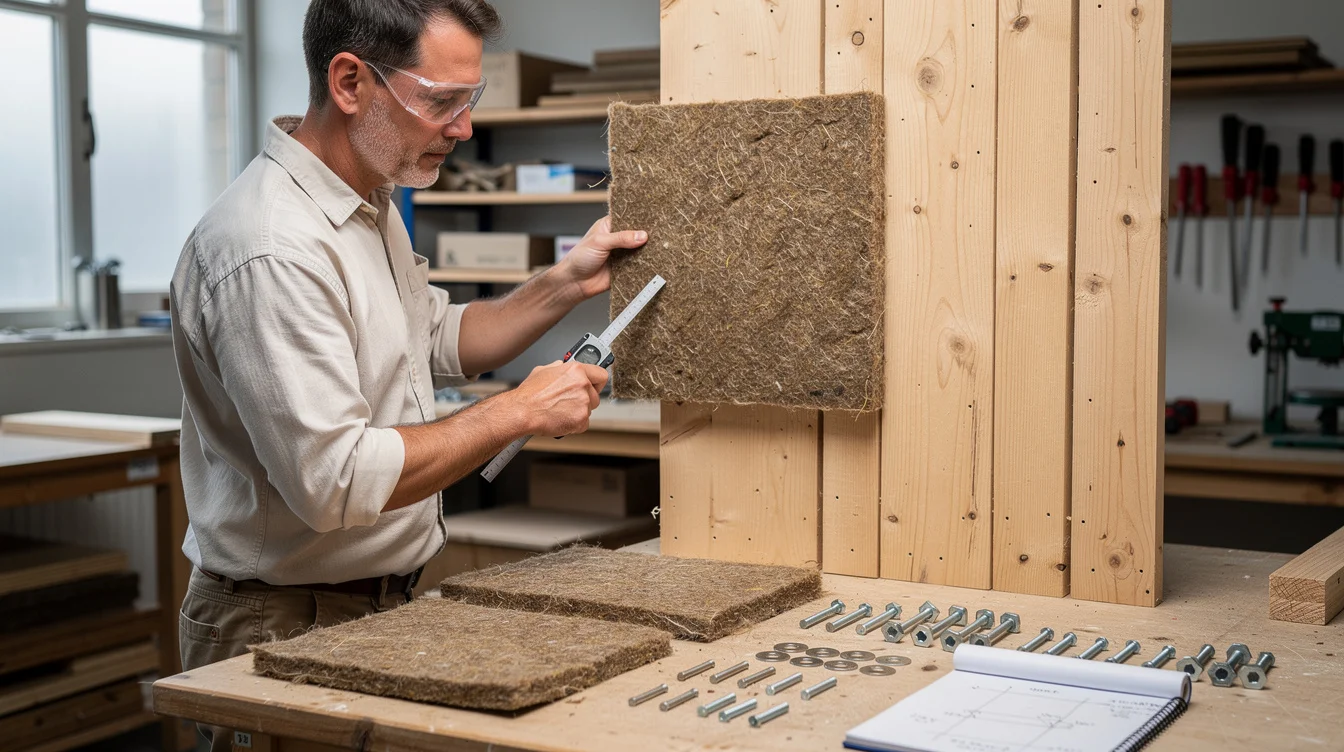 Editorial photograph of a facade researcher examining a waste-wool cladding tile on a timber mock-up.