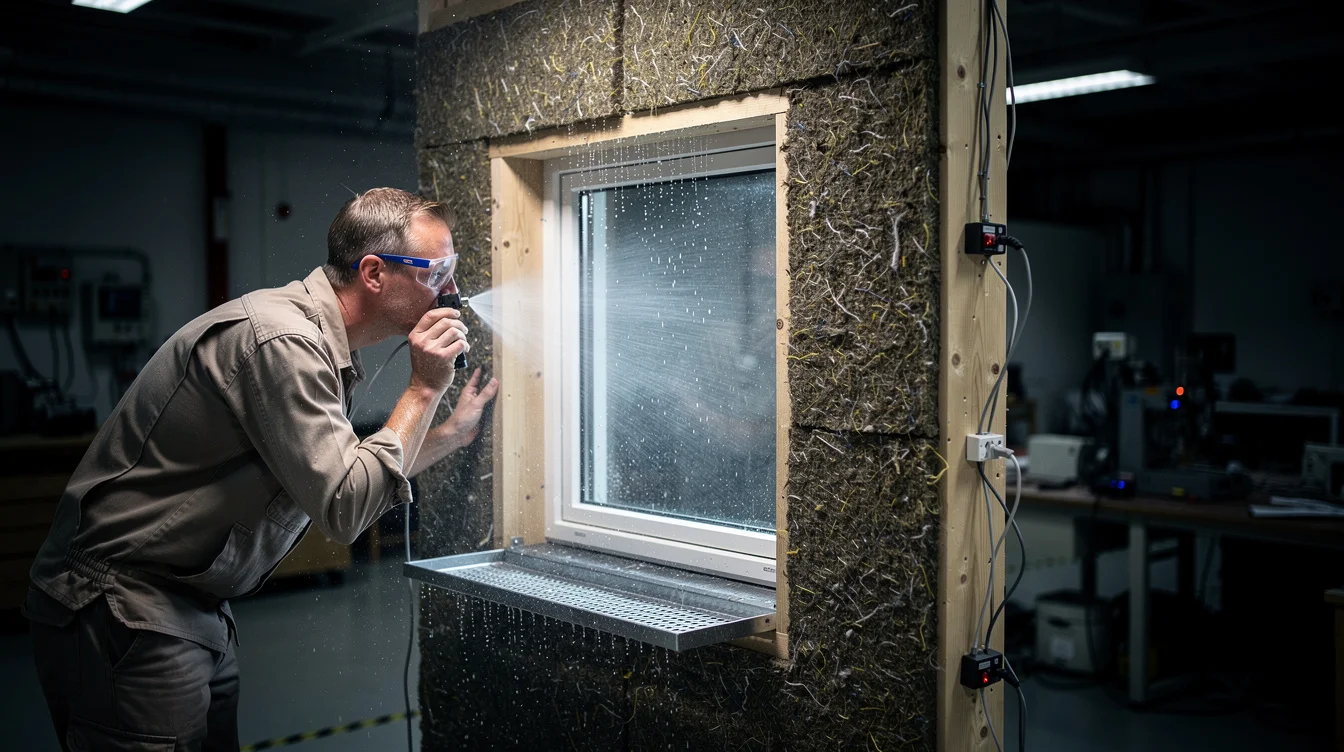 Editorial photograph of an illustrative waste-wool facade mock-up undergoing controlled water-spray testing in a Scandinavian building-envelope.