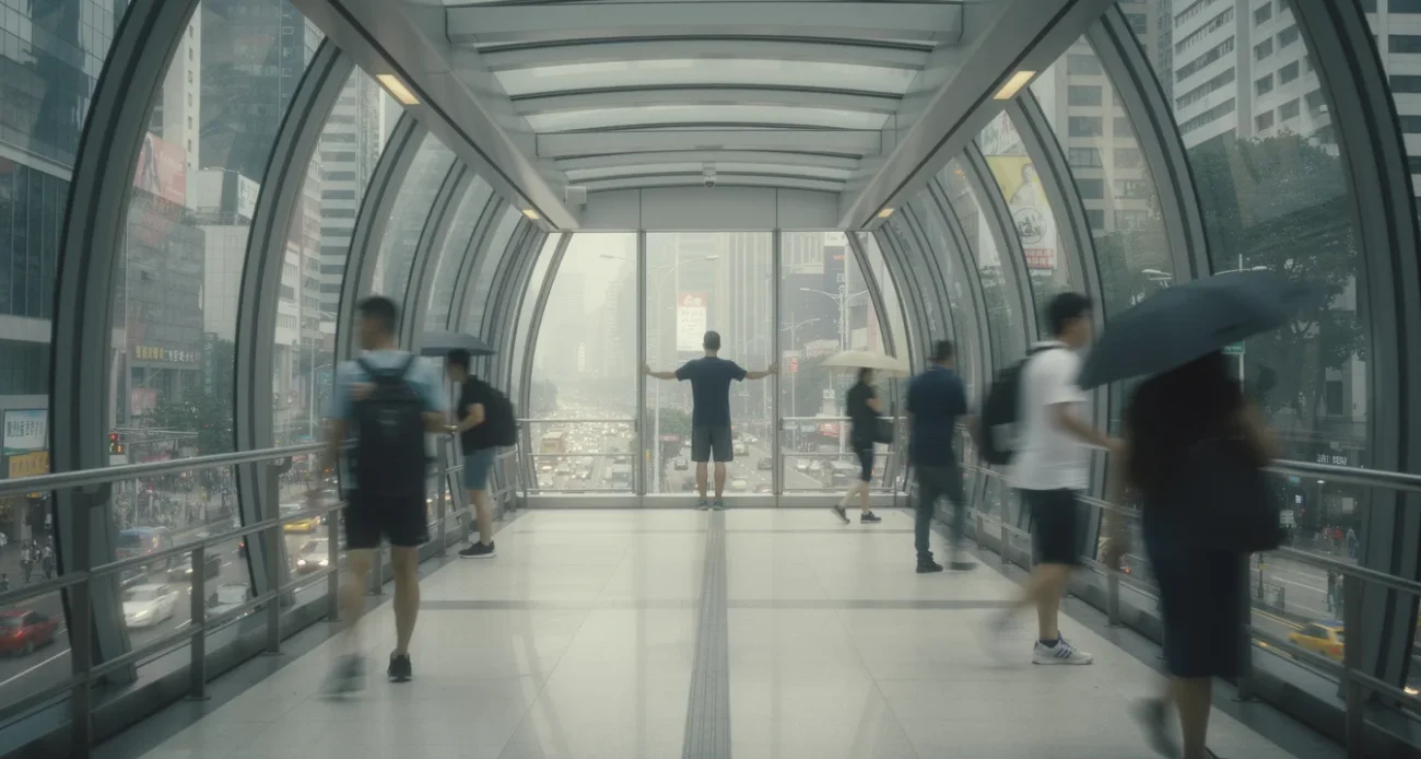 Editorial photograph inside an enclosed pedestrian footbridge in Hong Kong’s Central district on a humid summer.