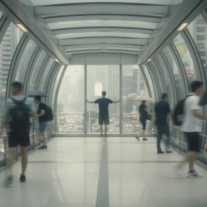 Editorial photograph inside an enclosed pedestrian footbridge in Hong Kong’s Central district on a humid summer.