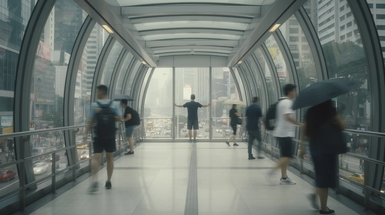Editorial photograph inside an enclosed pedestrian footbridge in Hong Kong’s Central district on a humid summer.
