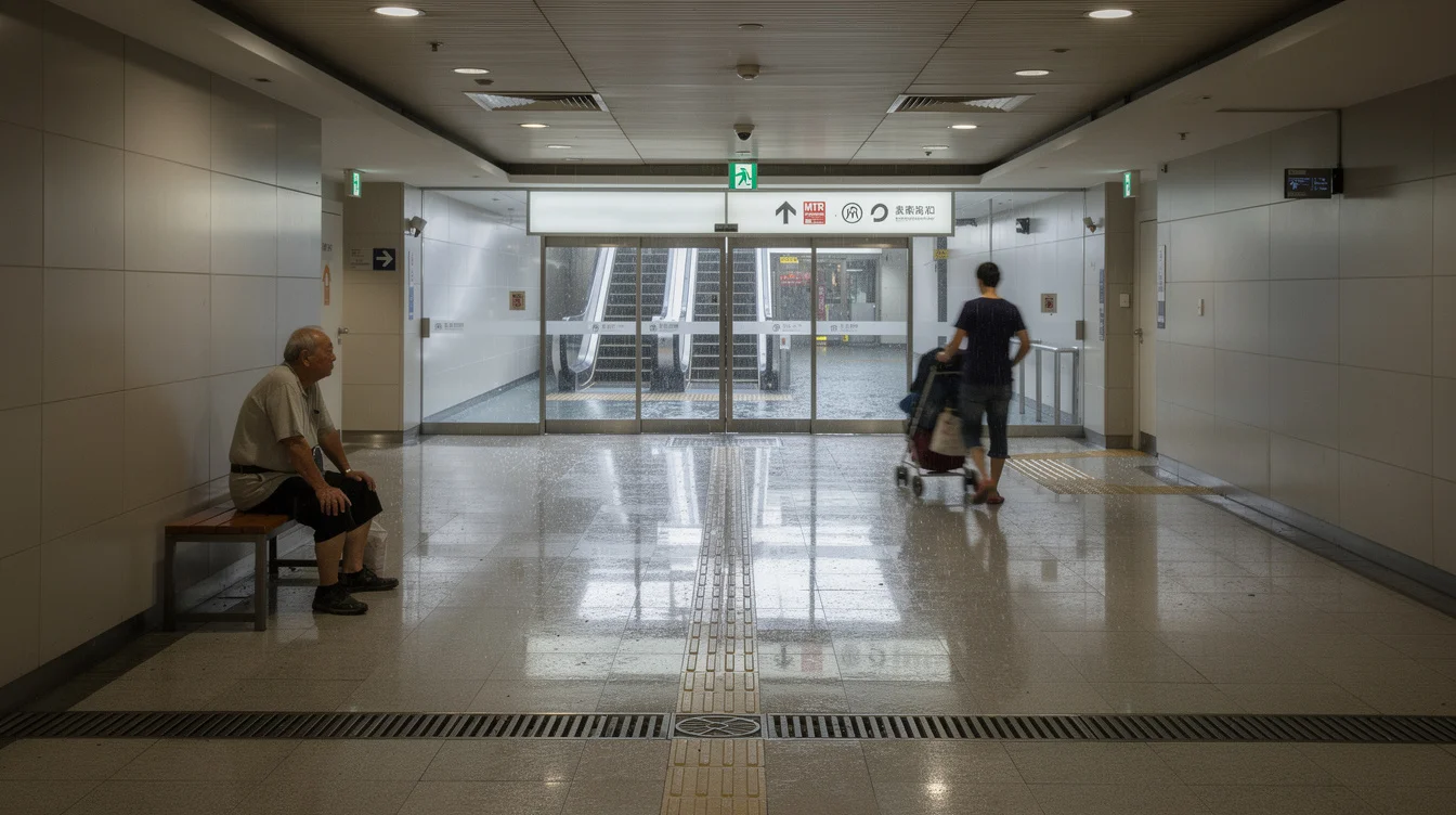Editorial photograph of a Hong Kong podium mall passage connecting toward an MTR entrance during.