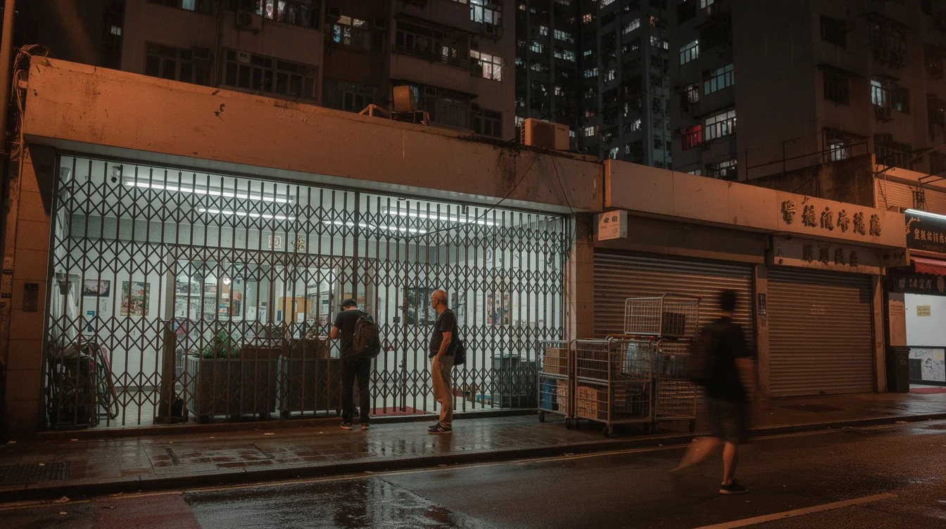 Editorial photograph at the street entrance of a Hong Kong shopping arcade late at night, its.