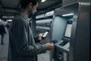 Editorial photograph of a commuter paused beside a railway station ticket machine at dusk, holding.