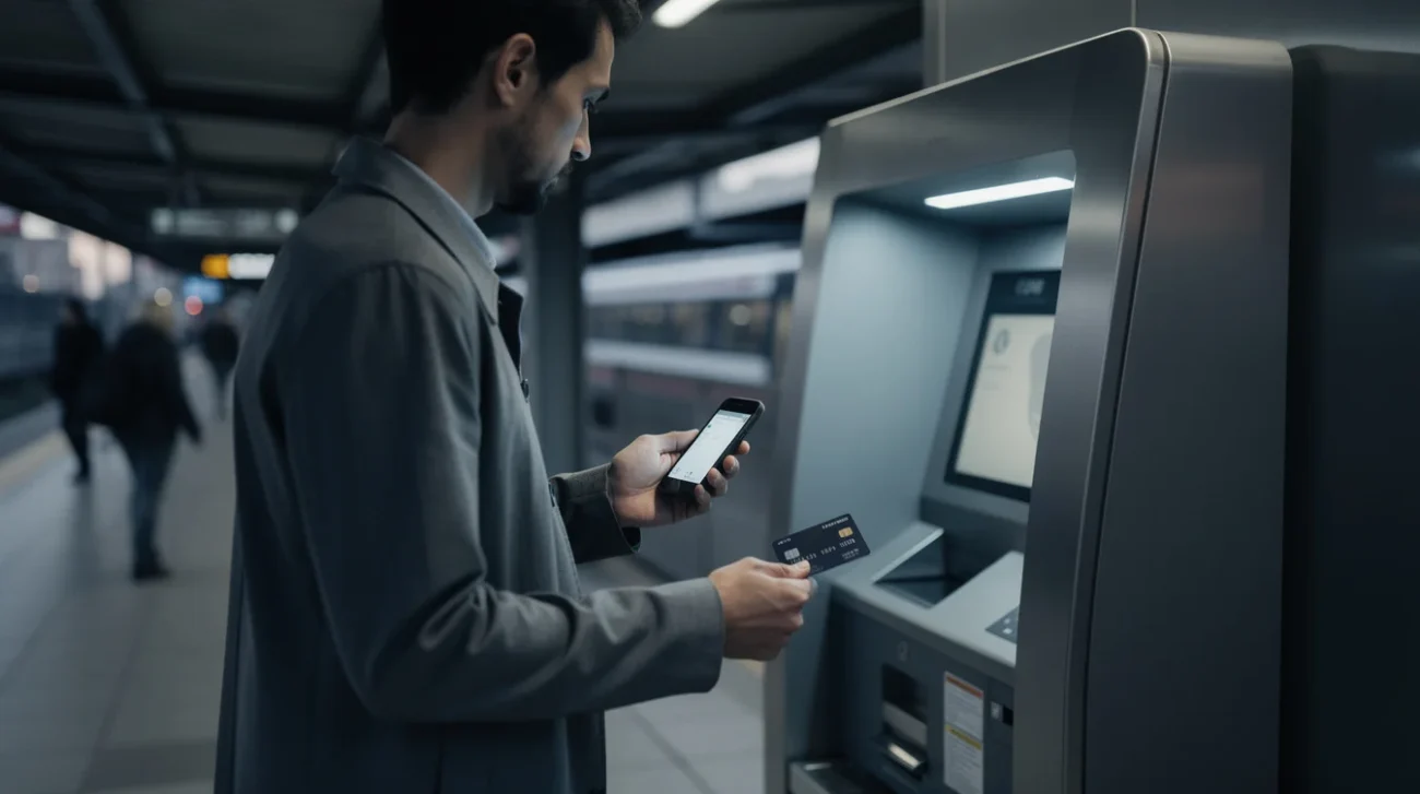 Editorial photograph of a commuter paused beside a railway station ticket machine at dusk, holding.