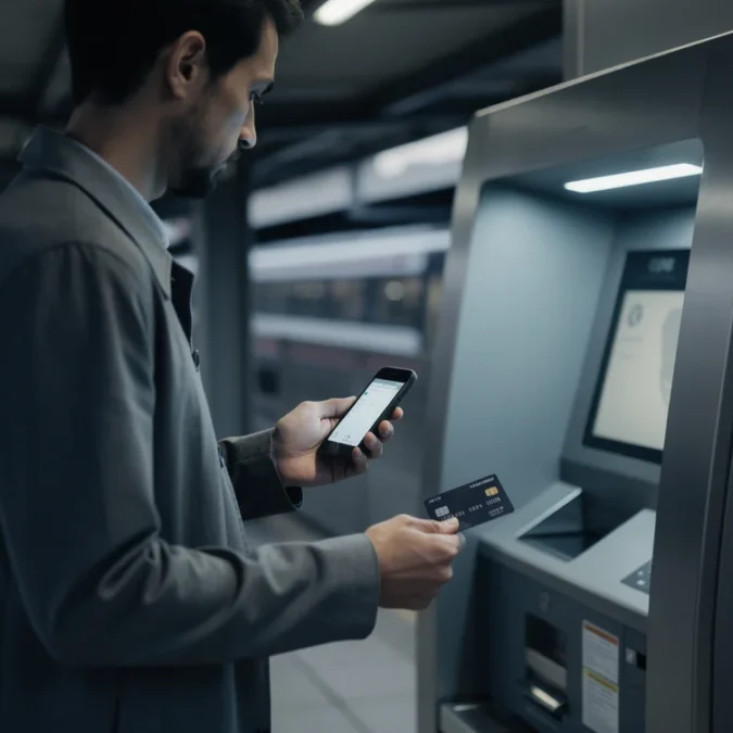Editorial photograph of a commuter paused beside a railway station ticket machine at dusk, holding.