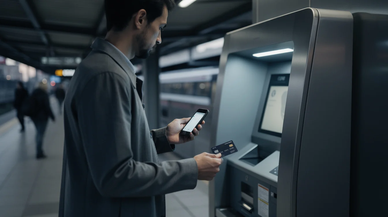 Editorial photograph of a commuter paused beside a railway station ticket machine at dusk, holding.