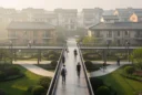Illustrative editorial photograph in Jiashan, Zhejiang, China: a long raised pedestrian walkway recedes across a narrow.
