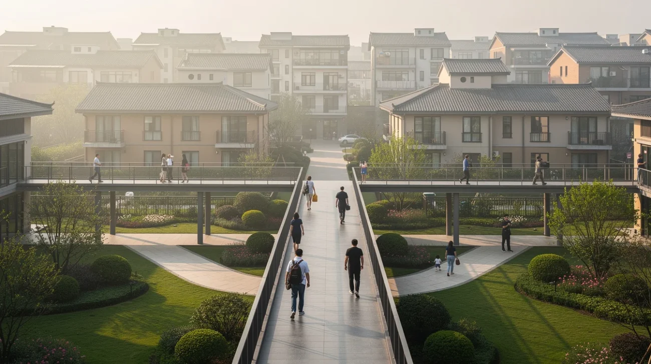 Illustrative editorial photograph in Jiashan, Zhejiang, China: a long raised pedestrian walkway recedes across a narrow.