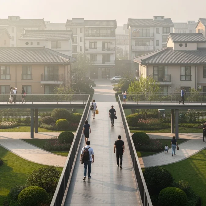 Illustrative editorial photograph in Jiashan, Zhejiang, China: a long raised pedestrian walkway recedes across a narrow.