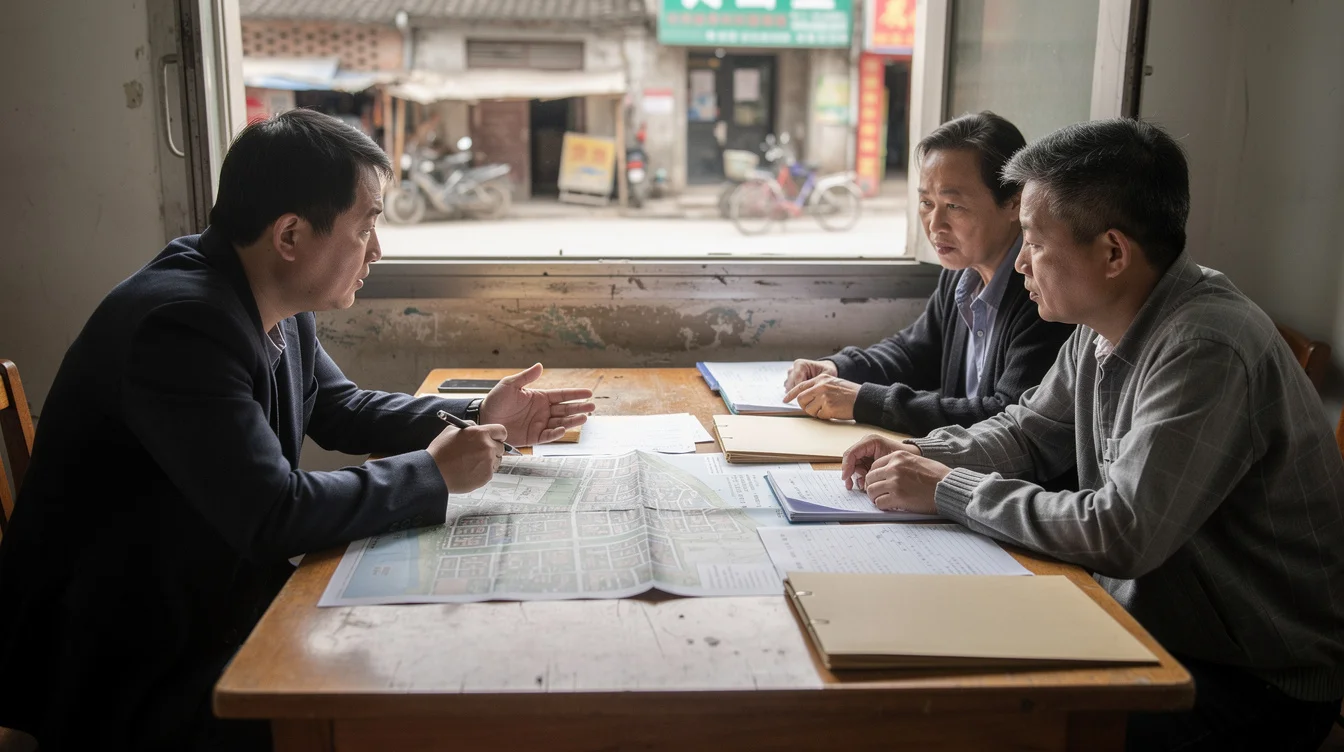 Illustrative editorial photograph inside a modest meeting room in Jiashan, China, where a reporter and two.