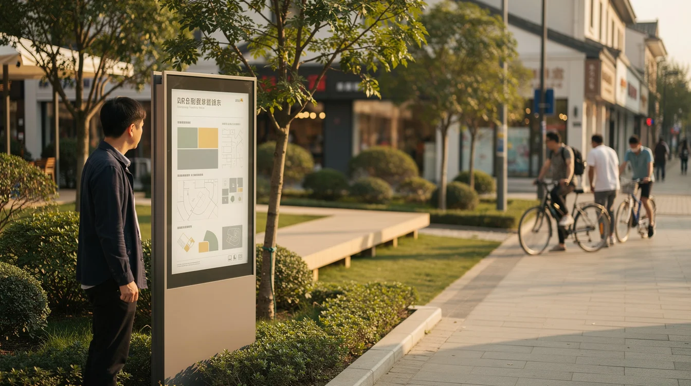 Illustrative editorial photograph at the meeting point of a contemporary hotel garden and an everyday pedestrian.