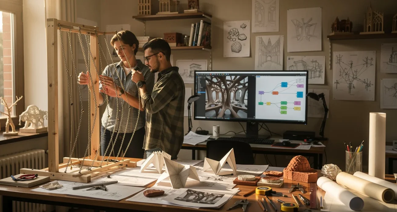 Editorial photograph of an architecture teaching studio exploring Antoni Gaudí’s hanging-model methods alongside AI design workflows..