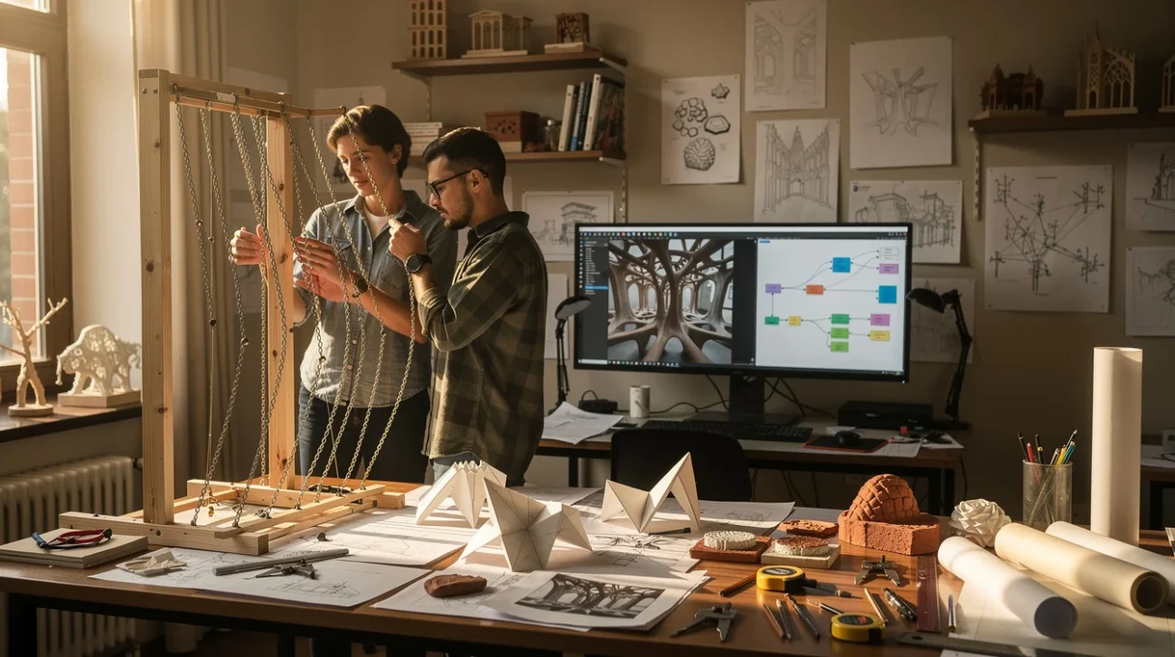 Editorial photograph of an architecture teaching studio exploring Antoni Gaudí’s hanging-model methods alongside AI design workflows..