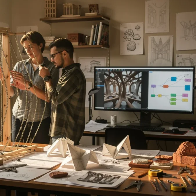 Editorial photograph of an architecture teaching studio exploring Antoni Gaudí’s hanging-model methods alongside AI design workflows..