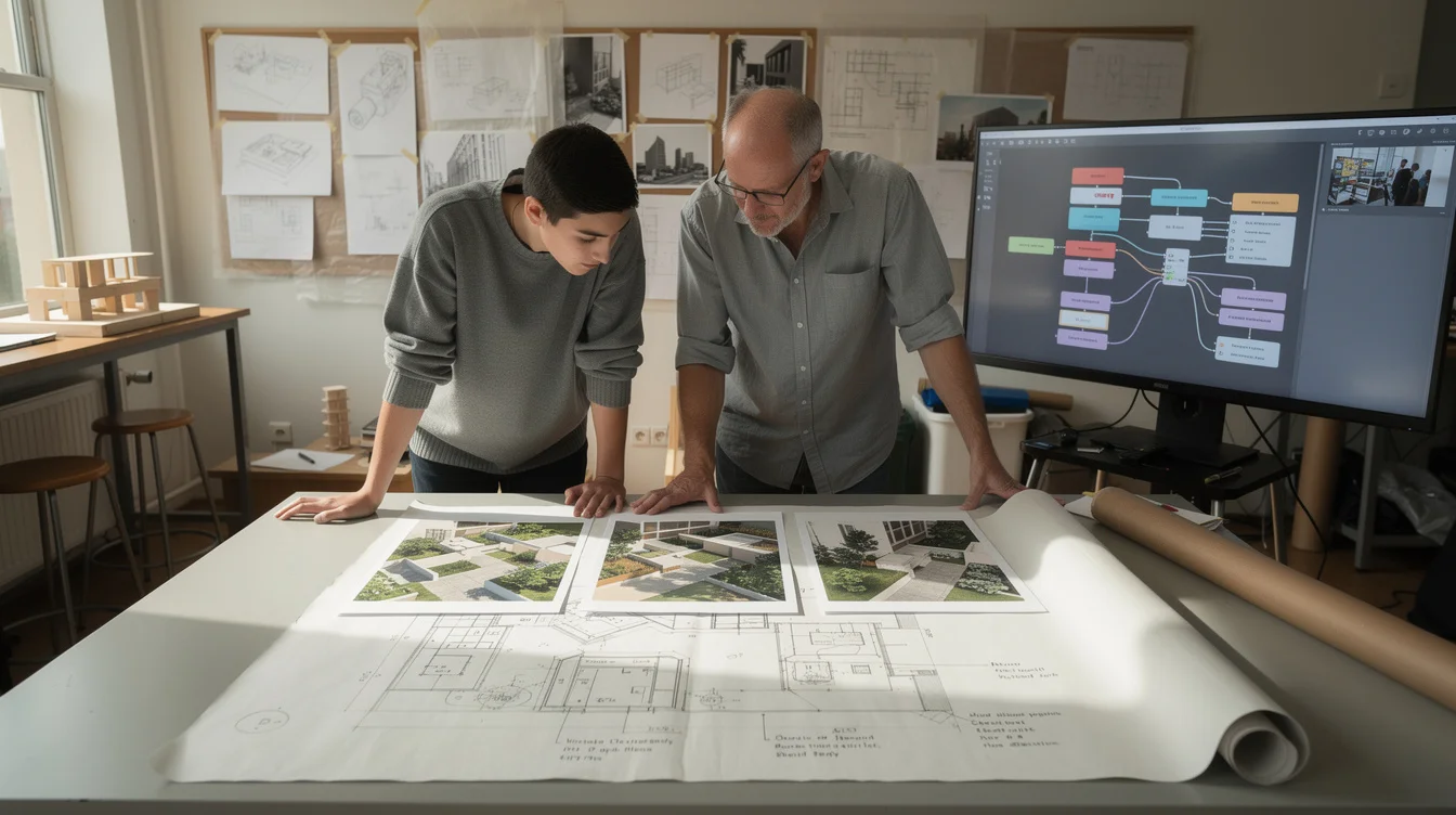 Editorial photograph inside an AI architecture workshop, showing a student and tutor comparing three printed variations.