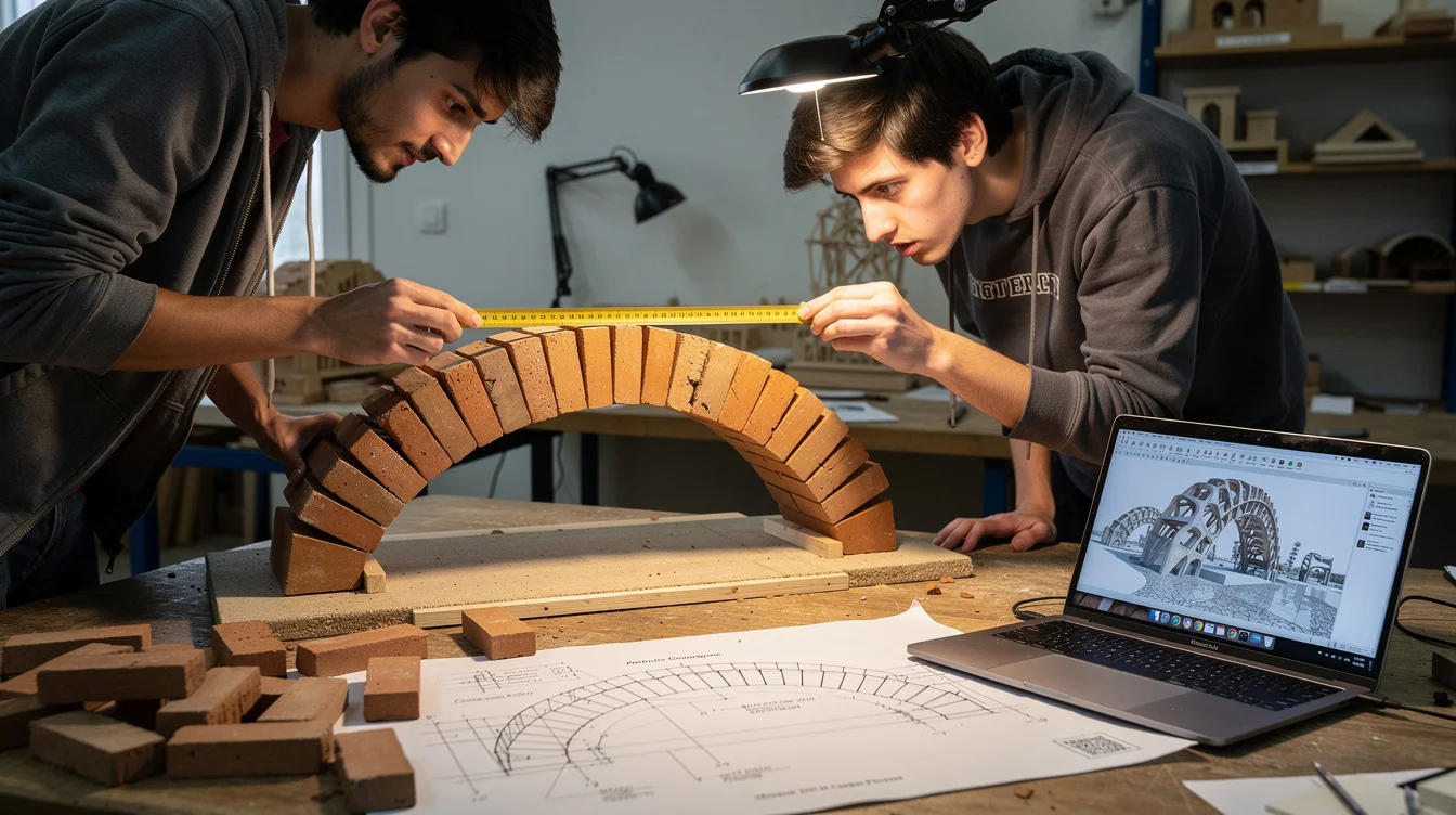 Editorial photograph of architecture students testing a small dry-stacked masonry arch on a workshop bench, one.