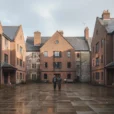 Editorial photograph of a contemporary brick boarding courtyard in Winchester, Hampshire, framed by gabled residential buildings.