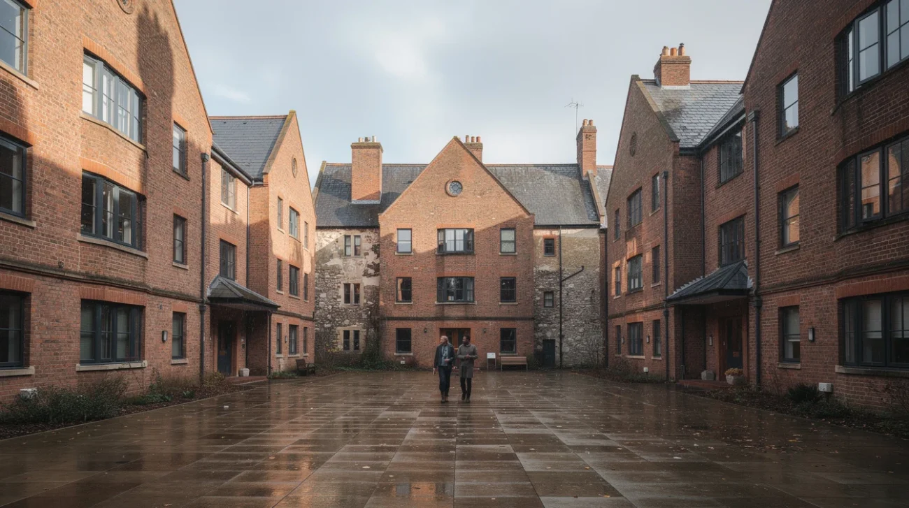 Editorial photograph of a contemporary brick boarding courtyard in Winchester, Hampshire, framed by gabled residential buildings.