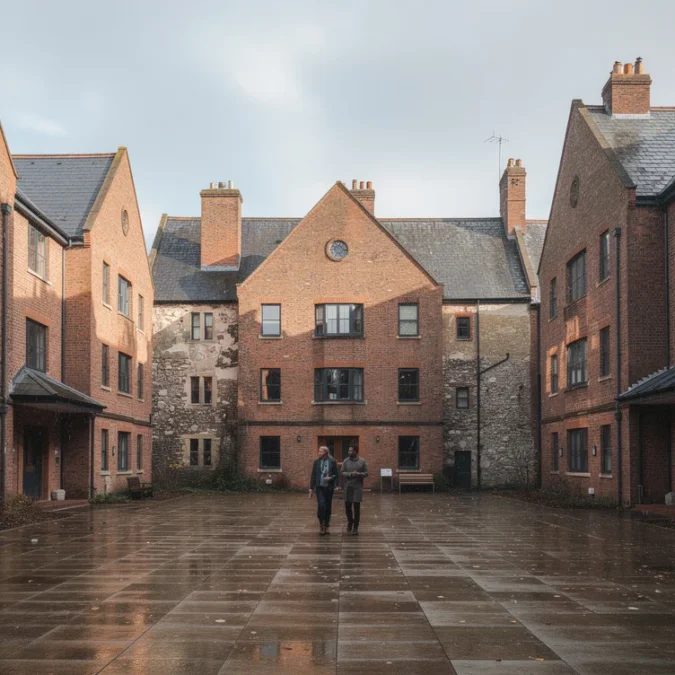 Editorial photograph of a contemporary brick boarding courtyard in Winchester, Hampshire, framed by gabled residential buildings.