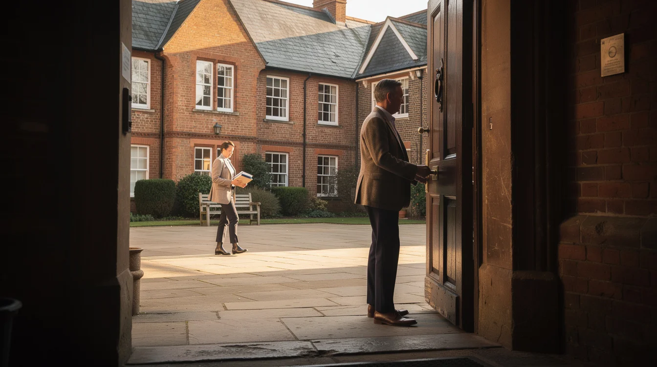 Editorial photograph from beneath a sheltered threshold at an English boarding school in Winchester, Hampshire, looking.