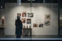 Editorial photograph of a staged information-design display in a windowed ground-floor gallery in Midtown Manhattan, New.