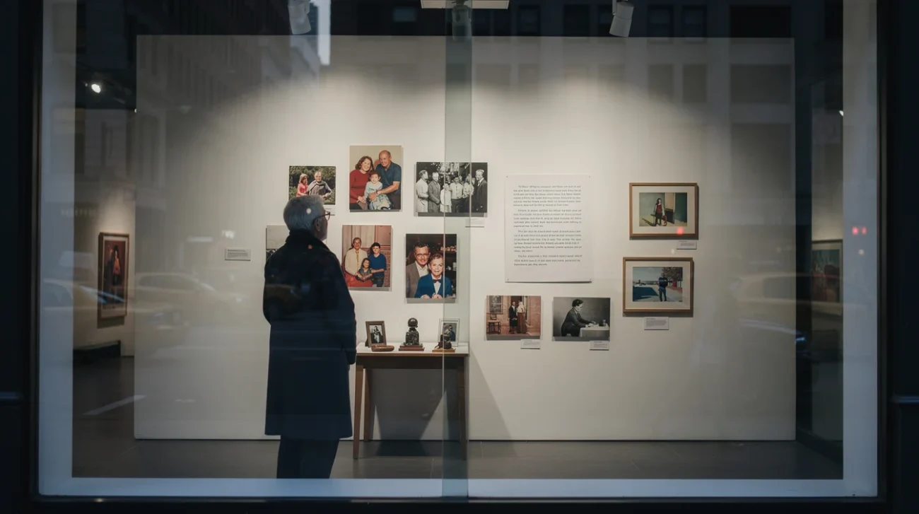 Editorial photograph of a staged information-design display in a windowed ground-floor gallery in Midtown Manhattan, New.