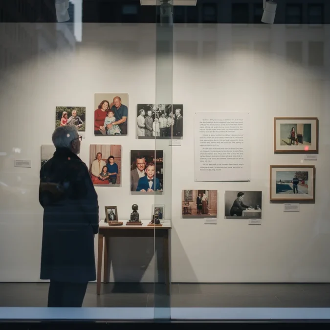 Editorial photograph of a staged information-design display in a windowed ground-floor gallery in Midtown Manhattan, New.