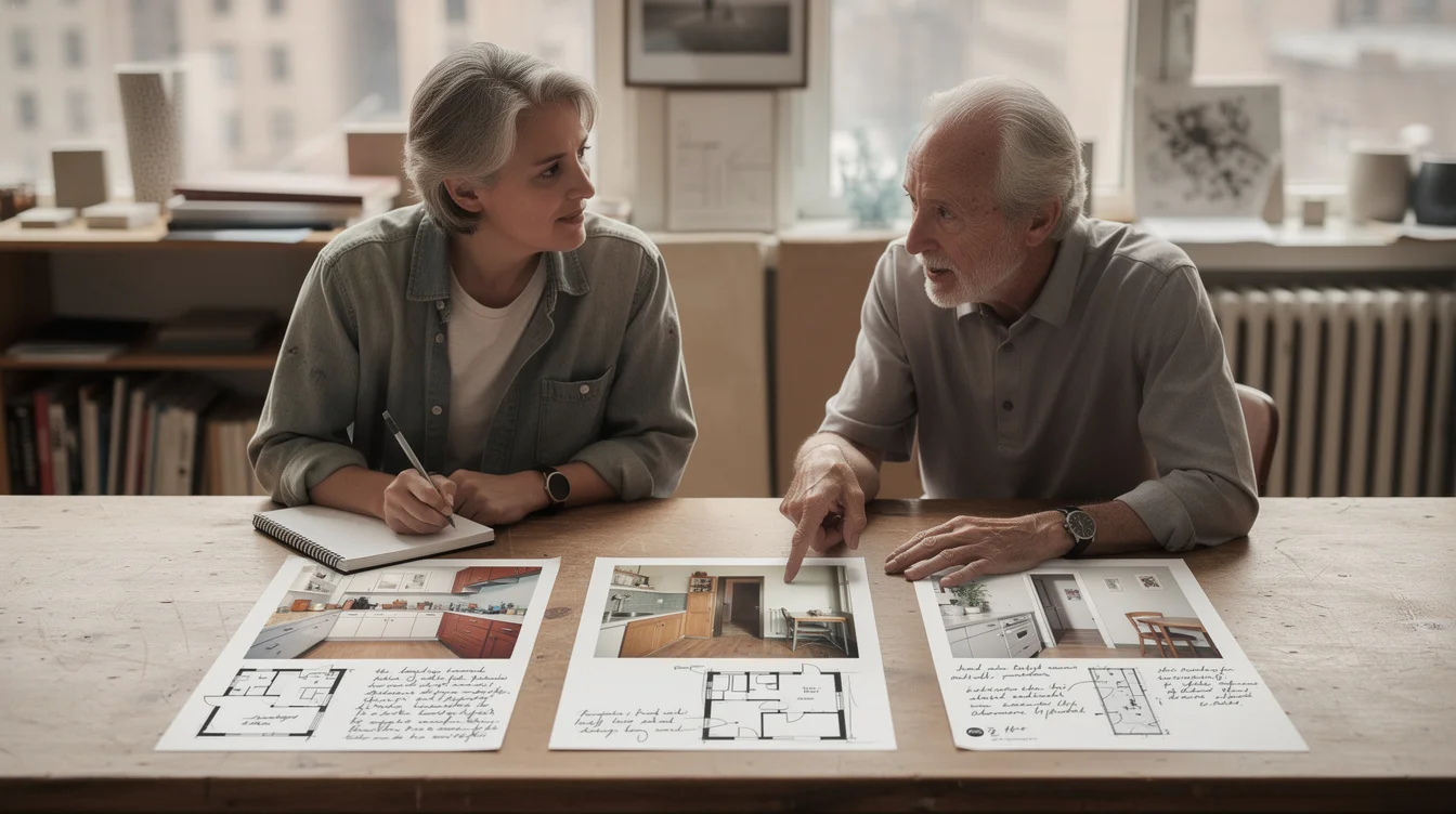 Editorial photograph inside a New York design workshop exploring AI-generated personal memories. An older participant.