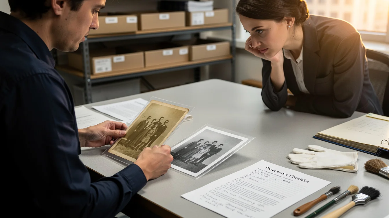 Editorial photograph of a staged archive-review session in a Manhattan museum workroom. A conservator’s hands separate.