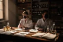Editorial photograph of a staged research session in a Florence perfumery archive, connecting historic apothecary culture.