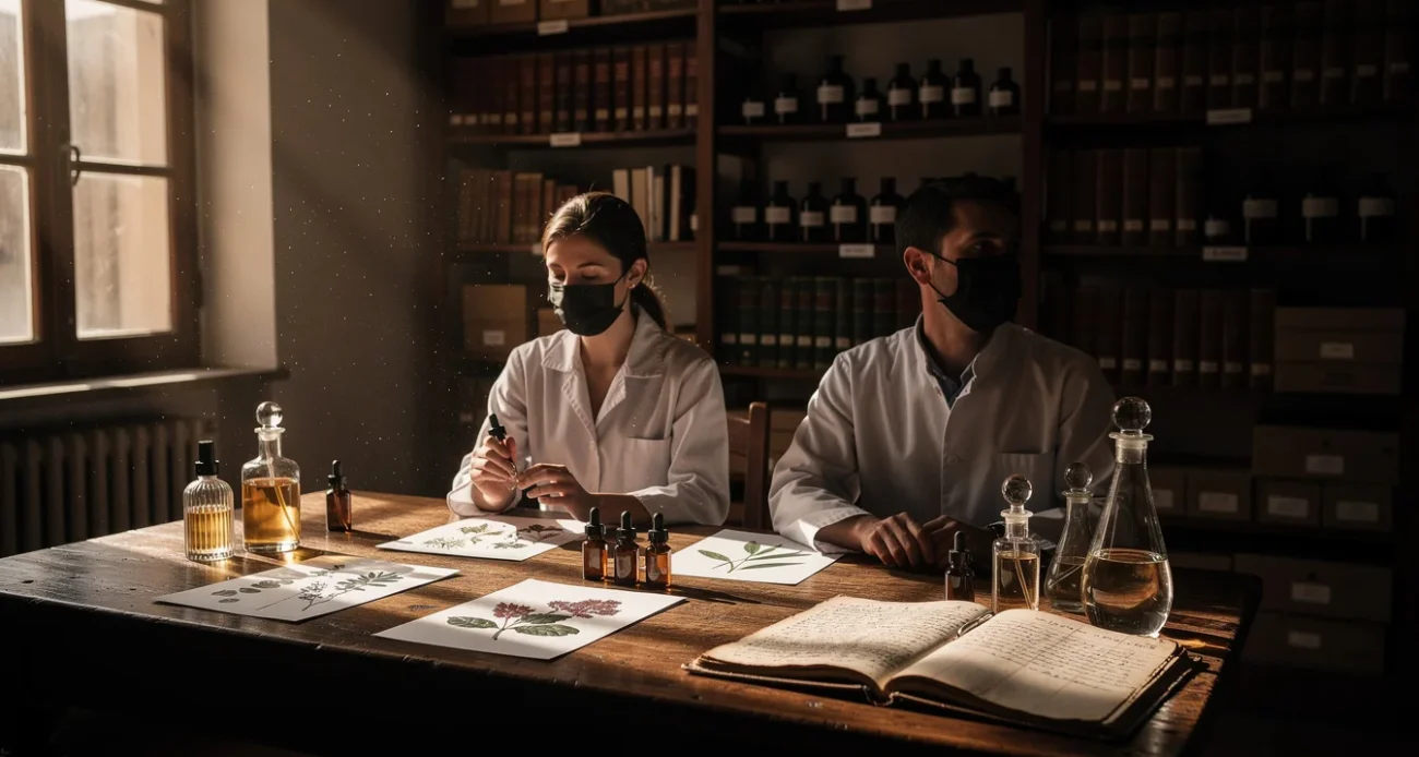 Editorial photograph of a staged research session in a Florence perfumery archive, connecting historic apothecary culture.