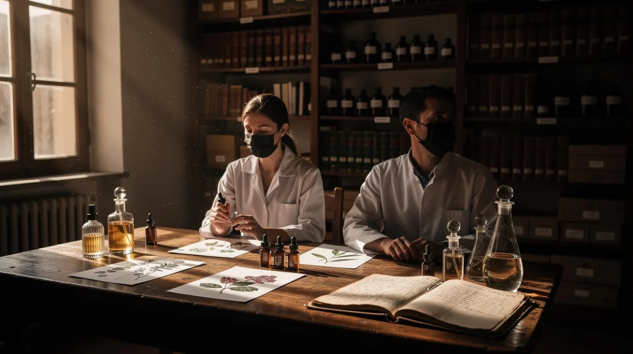 Editorial photograph of a staged research session in a Florence perfumery archive, connecting historic apothecary culture.