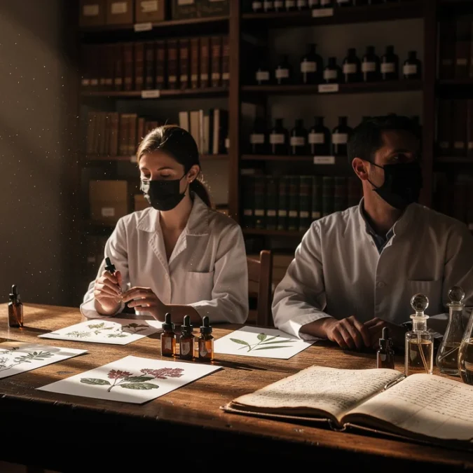 Editorial photograph of a staged research session in a Florence perfumery archive, connecting historic apothecary culture.