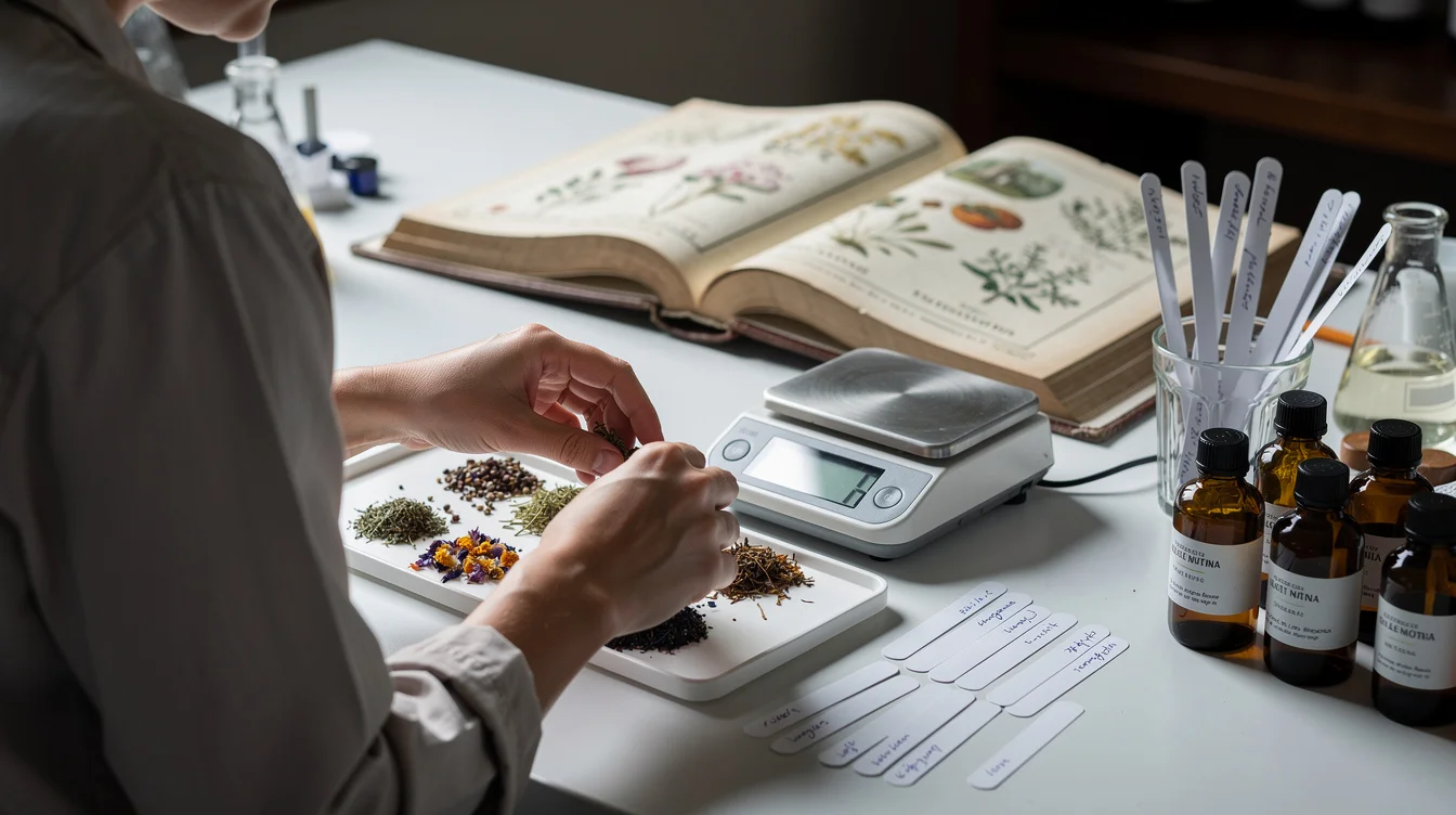 Close editorial photograph of an anonymous formulation researcher at a contemporary perfumery workbench in Florence, weighing.