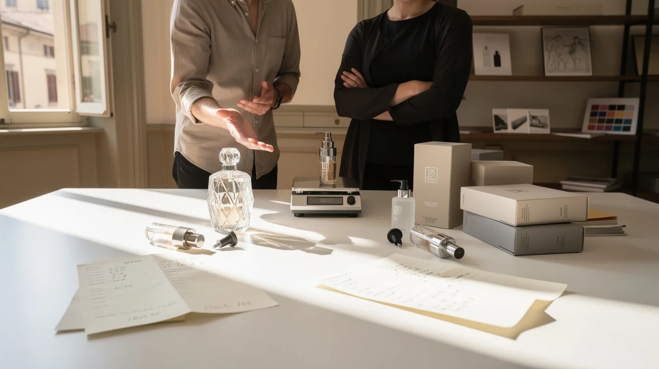 Wide editorial photograph of a staged perfume packaging review in a Florence design workspace. An anonymous.