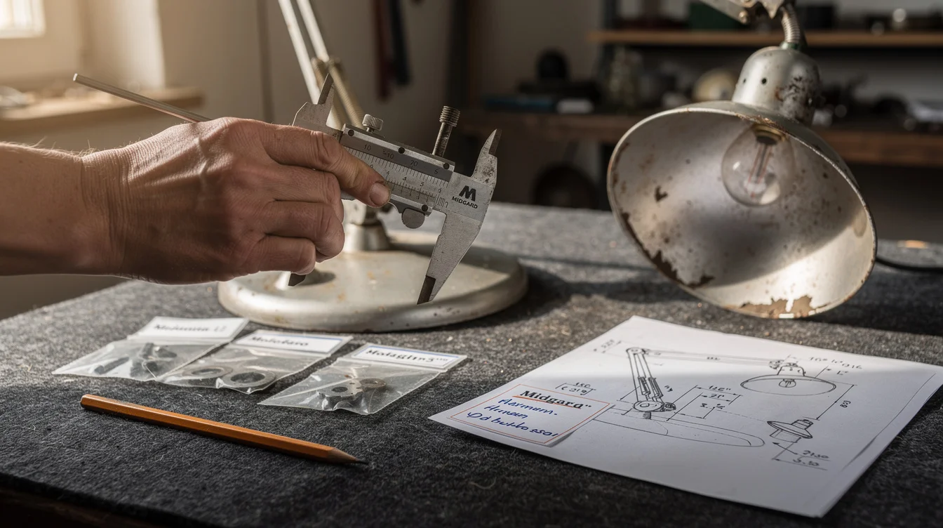 Close editorial photograph of a repair technician’s hands measuring a removed pivot bolt from a vintage.