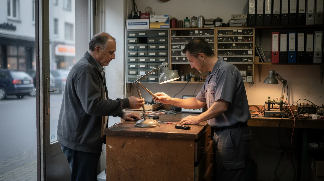 Wide editorial photograph inside a modest independent German electrical repair shop, where a customer presents.