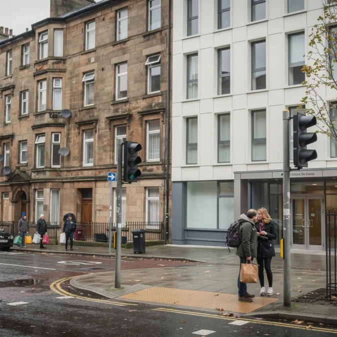 Editorial photograph of an ordinary Glasgow street where weathered sandstone tenements meet a contemporary apartment block.
