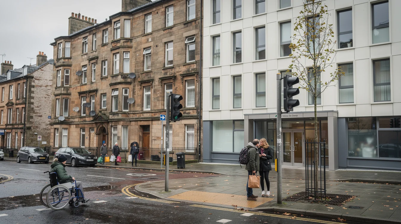 Editorial photograph of an ordinary Glasgow street where weathered sandstone tenements meet a contemporary apartment block.