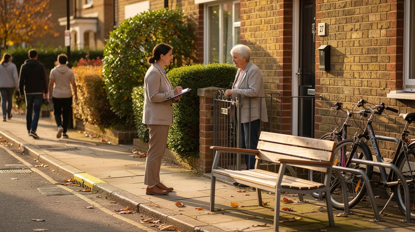 Editorial photograph of a small streetscape observation exercise on a UK residential pavement, illustrating the questions.