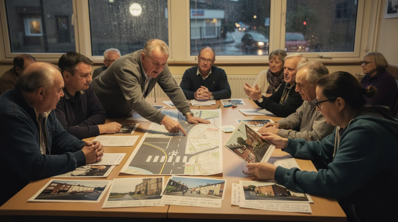 Editorial photograph of a neighbourhood design discussion in a modest Glasgow community hall. Residents of different.