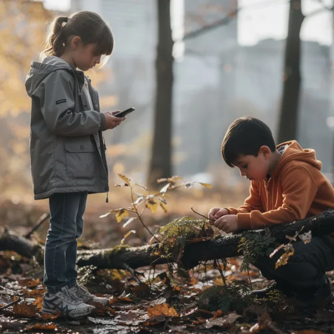 Editorial photograph exploring the premise of Freckle’s AI-powered children’s phone: two children around nine years old.
