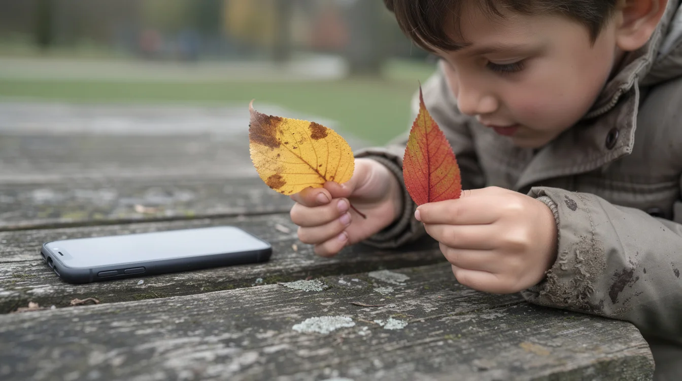 Close editorial photograph of a child’s hands comparing two differently shaped fallen leaves beside an unbranded.