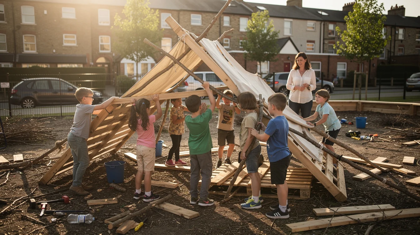 Wide editorial photograph of children aged roughly eight to twelve constructing an improvised shelter in.