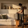 Editorial photograph of a thoughtfully furnished short-term vacation rental at late-afternoon check-in: a guest sets.