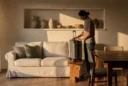 Editorial photograph of a thoughtfully furnished short-term vacation rental at late-afternoon check-in: a guest sets.